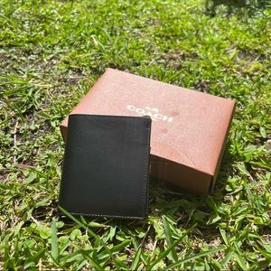 Coach Black Leather BiFold Minimalist Wallet with 3 Card Slots, New in Box